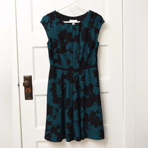 Elle black and green floral dress cap sleeve business knee length size small